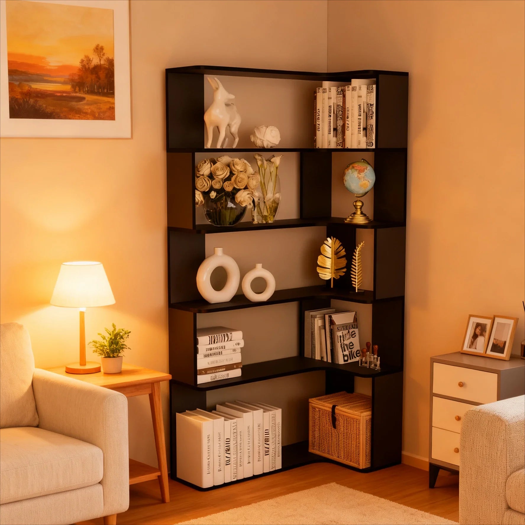 Vertical Vintage Rotating Bookcase Living Room Study Home Corner Bookshelf Light Multifunctional Shelf Storage Furniture