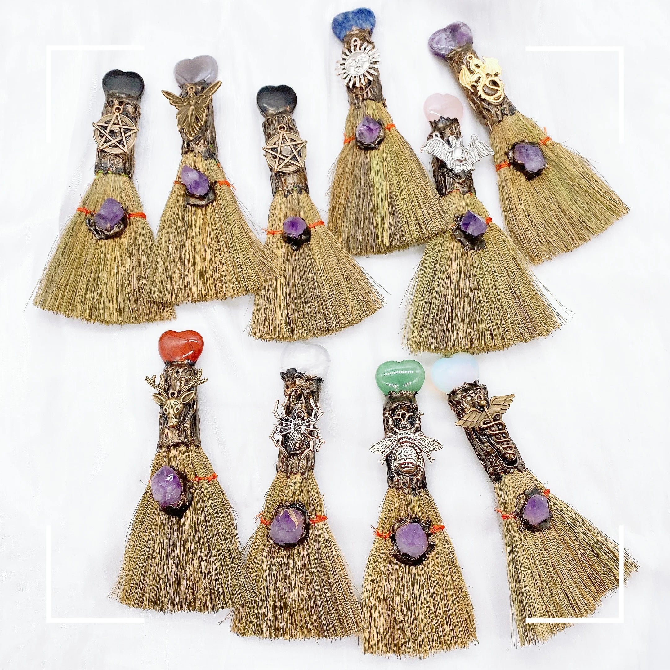 Natural Amethyst Crystal Love Heart Magic Broom Gem Crafts Home Decoration Reiki Healing Witch Broomstick Christmas Gift