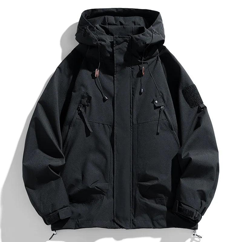 Men's Windbreakers Men Hooded Jacket Zipper Coat Cargo Waterproof Black Bomber Camping Loose Thin Softshell Hooded Hiking Jacket