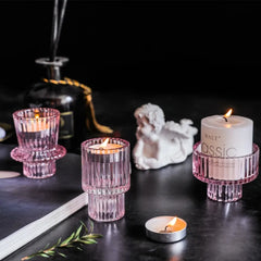 3Pcs Double Sided Vintage Ribbed Taper Glass Candle Holders for Table Centerpieces, Wedding Decorations Dinner Parties
