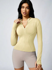 Women's Solid Color Zipper Turtleneck Sports Jacket, Long-Sleeved Sports Top, Gym Wear, Ladies' Sportswear for Indoor and Outdoo