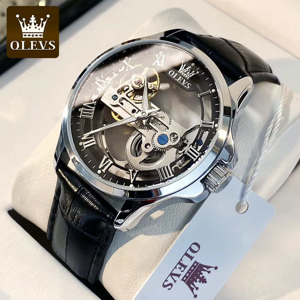 OLEVS 6661 Mens Watch Luxury Automatic Mechanical Watch Waterproof Luminous Leather Strap Watch Watches For Men Box Original