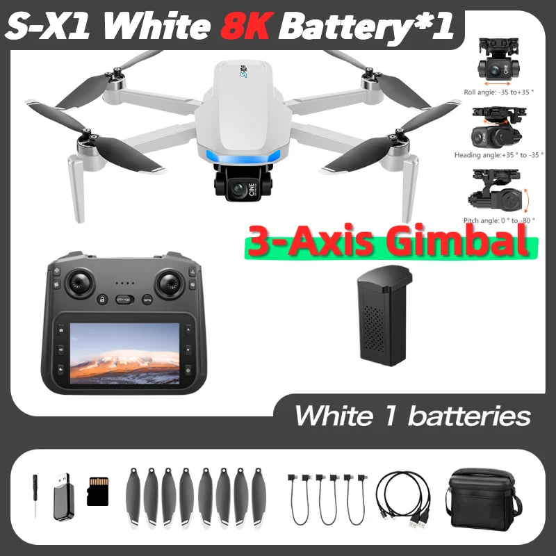 S-X1 MAX GPS Drone with 3-Axis Gimbal 5000m FPV 8K/4K HD Camera with LCD RC Screen 3 Batteries Professional RC Quadcopter Gifts