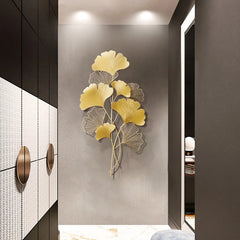 Elegant Golden Ginkgo Leaf Wall Decoration Wall Hanging Art Sculpture Luxurious Iron Art Piece for Home Indoor Living Room