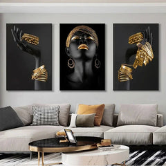 Silver Gold Color African Women Portrait Art Painting Canvas Print Poster Scandinavian Wall Art Picture for Living Room Decor