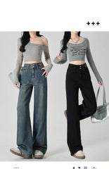 Women's Narrow Cut Wide Leg Jeans With High Waist And Hanging Feeling Straight Leg Casual Look Slim Contrasting Colors Pants