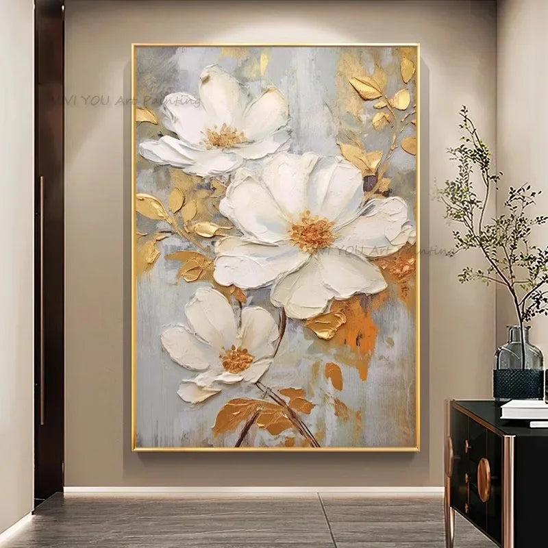 Nordic Handpainted Gold White Flower Oil Wall Art Home Decor