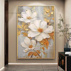 Nordic Handpainted Gold White Flower Oil Wall Art Home Decor