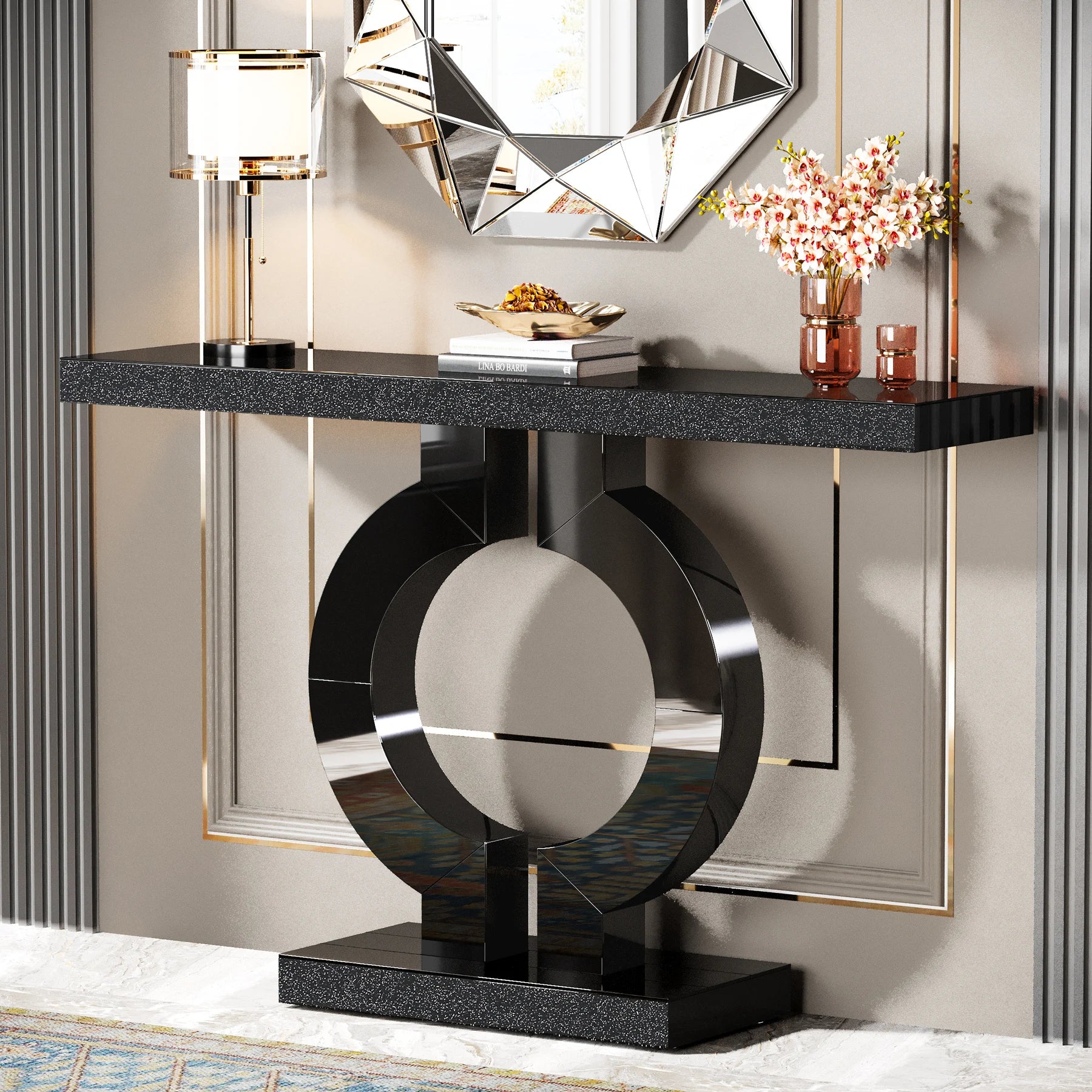 Tribesigns 43-Inch Modern Mirrored Console Table, Glass Sofa Table with Mirror Finish, Entryway Table with O-Shaped Base, Living Room Furniture