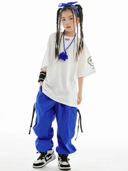 Jazz Dance Clothes Boys Girls Hip Hop Costume Loose Shirt Blue Pants Boys Breaking Street Dance Outfit Short Sleeves Suit