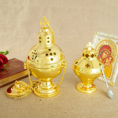 HTISOK Church Supplier High Polished Gold Plated Hanging Incense Burner Orthodox Censer Church Home Decoration Catholic Chalice