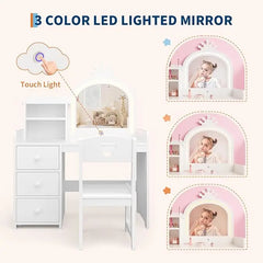 Kids Vanity Desk with Mirror and Lights, White Princess Wooden Makeup, Storage Shelves and Drawers, 2-in-1 Girls Dressing Table Bedroom Furniture