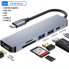 6 in 1 USB C Hubs Type C 3.0 Adapter to 4K HDMI SD TF Card PD Fast Charge Splitter USB Docking Stations Hub for MacBook Computer
