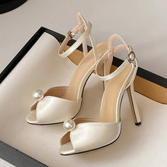 Liyke High Quality Cozy Silk Peep Toe Shoes 11CM Thin Heels Gladiator Sandals Women Fashion Pearl Designer Shoes Ankle Strap Sandalias