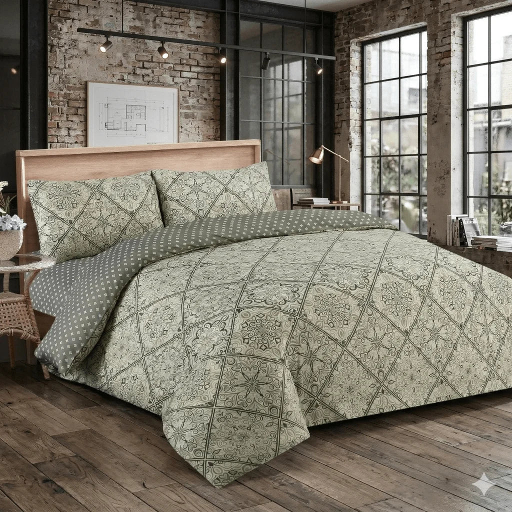 4piece Complete Bedding Set, Geometric Floral Printed Bed Set Includes duvet cover with fitted sheet & 1/2 pillowcases