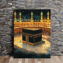 Glowing Kaaba Canvas Wall Art - Islamic Mecca Night Scene with Gold Minaret for Home Decor, Ramadan & Hajj Muslim Religious Gift