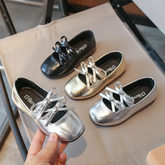 Kids Square Dance Performance Shoes Black Solid Color Girls Princess Shoe with Double Bow 2024 New Girls Leather Shoes Soft Sole
