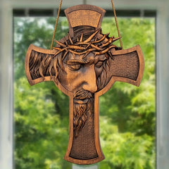 2D Flat Retro Wooden Cross Decoration with Thorn Crown Jesus Christian Statue Wall Hanging for Religious Christmas Room Decor