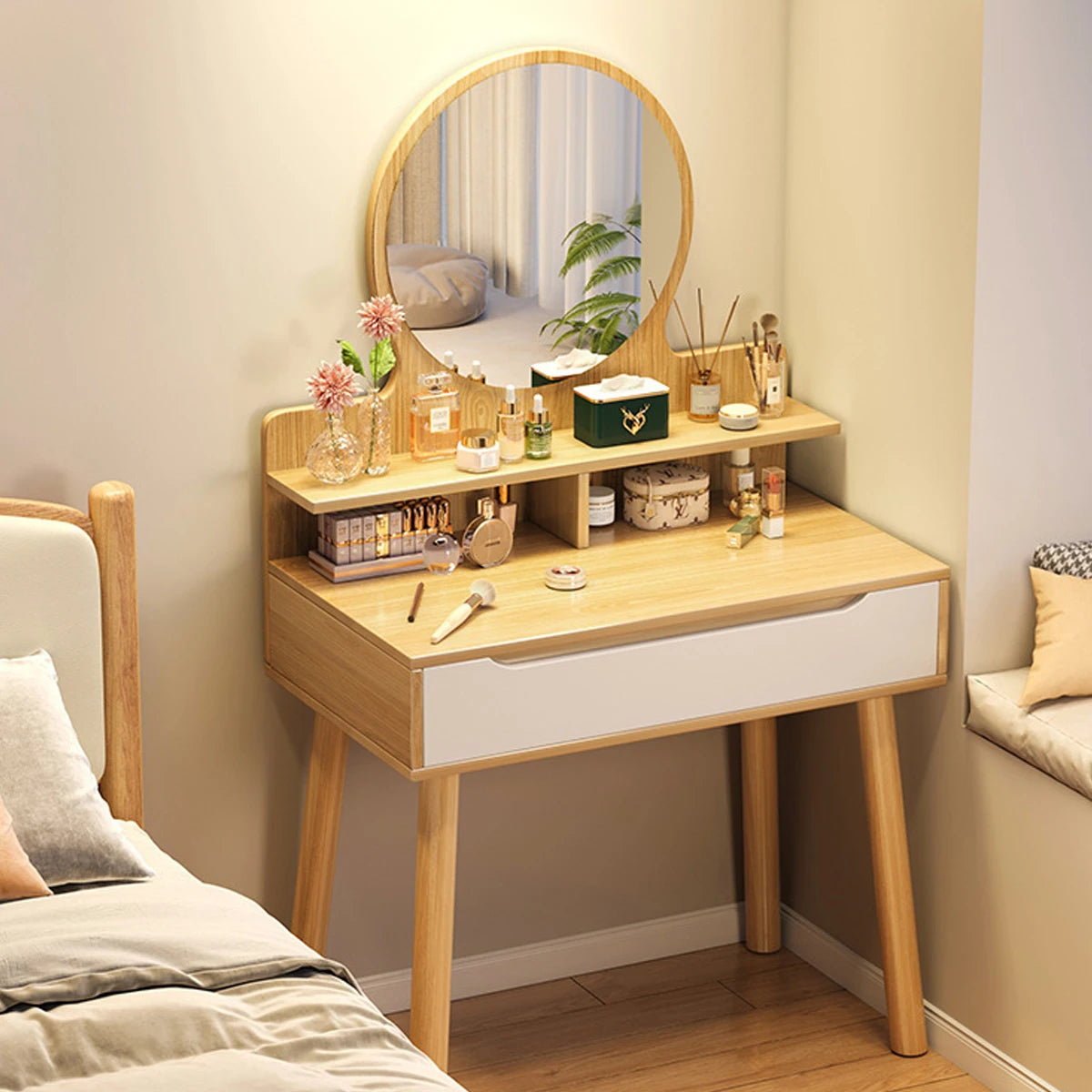Makeup Table Nightstand with Drawer Storage Rack Minimalist Style Dressing Table with Mirror Cosmetic Table for Bedroom Furniture