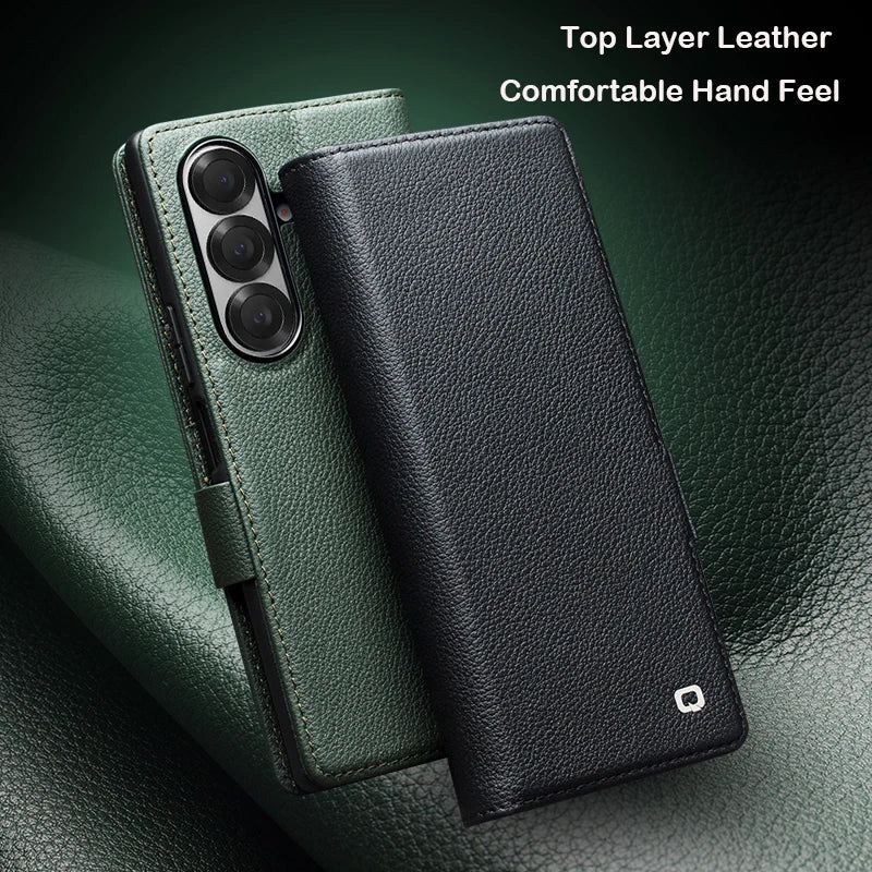 QIALINO Case for Samsung Fold 7 Slim Card Slot Holder Holster Genuine Leather Sleeve Bracket Corner Protection Cover with Magnet