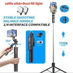 MEUYAG Selfie Stick Tripod with 1708mm Long Monopod Fill Light, Bluetooth Remote, 360° Rotation, 1/4 Interface, for mobile phone