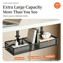 No-drill desk cable organiser mounted beneath a tabletop