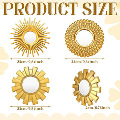 3PCS Golden Frame Decorative Mirror Sun Shaped Hanging Mirrors Wall Decor Living Room Background Mirror Home Decorations