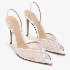 Summer new pointed fish mouth lace mesh rhinestone rivet wedding shoes thin high-heeled banquet dress large size women's sandals Heels