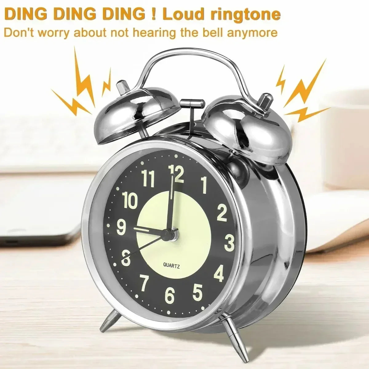 Super Loud Alarm Clock Metal Twin Bell Alarm Clock with Night Light Retro Bedside Clock Silent Table Desk Clocks for Home Bedroo