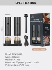 USB Rechargeable Electric Salt and Pepper Grinder Adjustable Coarseness Large Capacity Auto Spices Grinders Kitchen Cooking Tool
