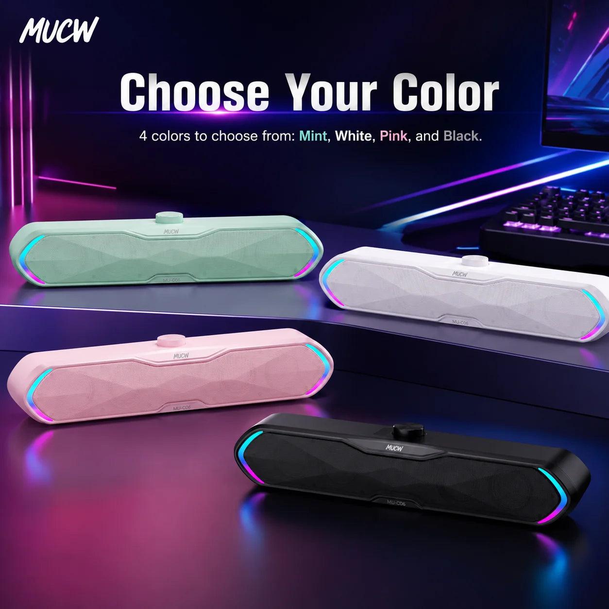 MUCW MU‑C06 PC Soundbar RGB Gaming Computer Speaker USB Plug Play Bluetooth 5.3 Sound Bar 6W Stereo Desktop Speaker for Laptop Mac Phone