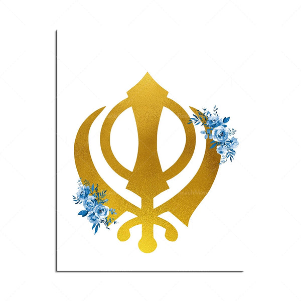 Khanda Sikh Symbol, Ek Onkar Ik Onkar One God of Sikh Faith Symbol Sikh India Gift Floral Watercolor Medical Typographic Poster