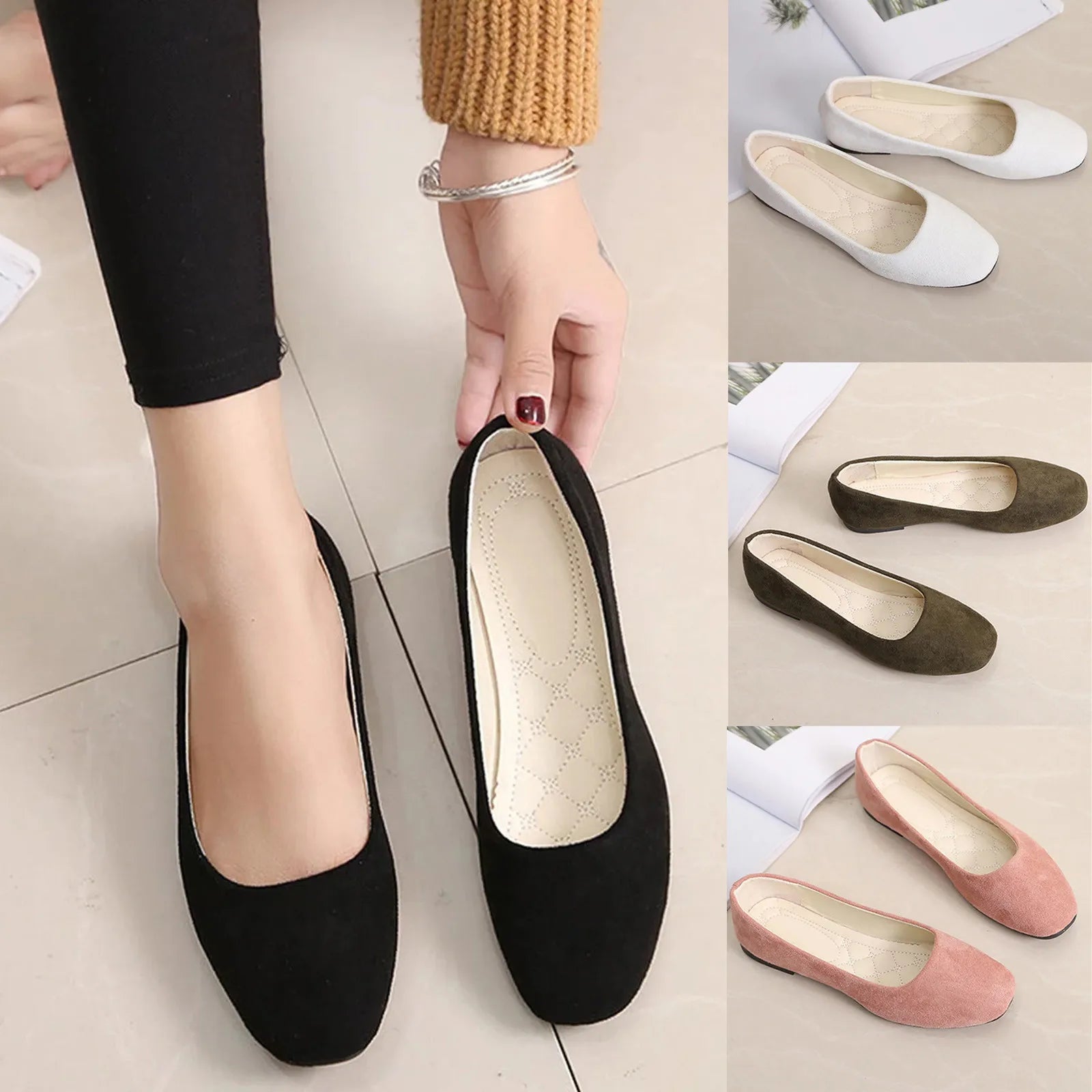 Women Suede Loafers Flat Heel Shallow Female Shoes Spring Summer Square Toe Basic Concise Women Pumps Size 36-43 Flat Shoes