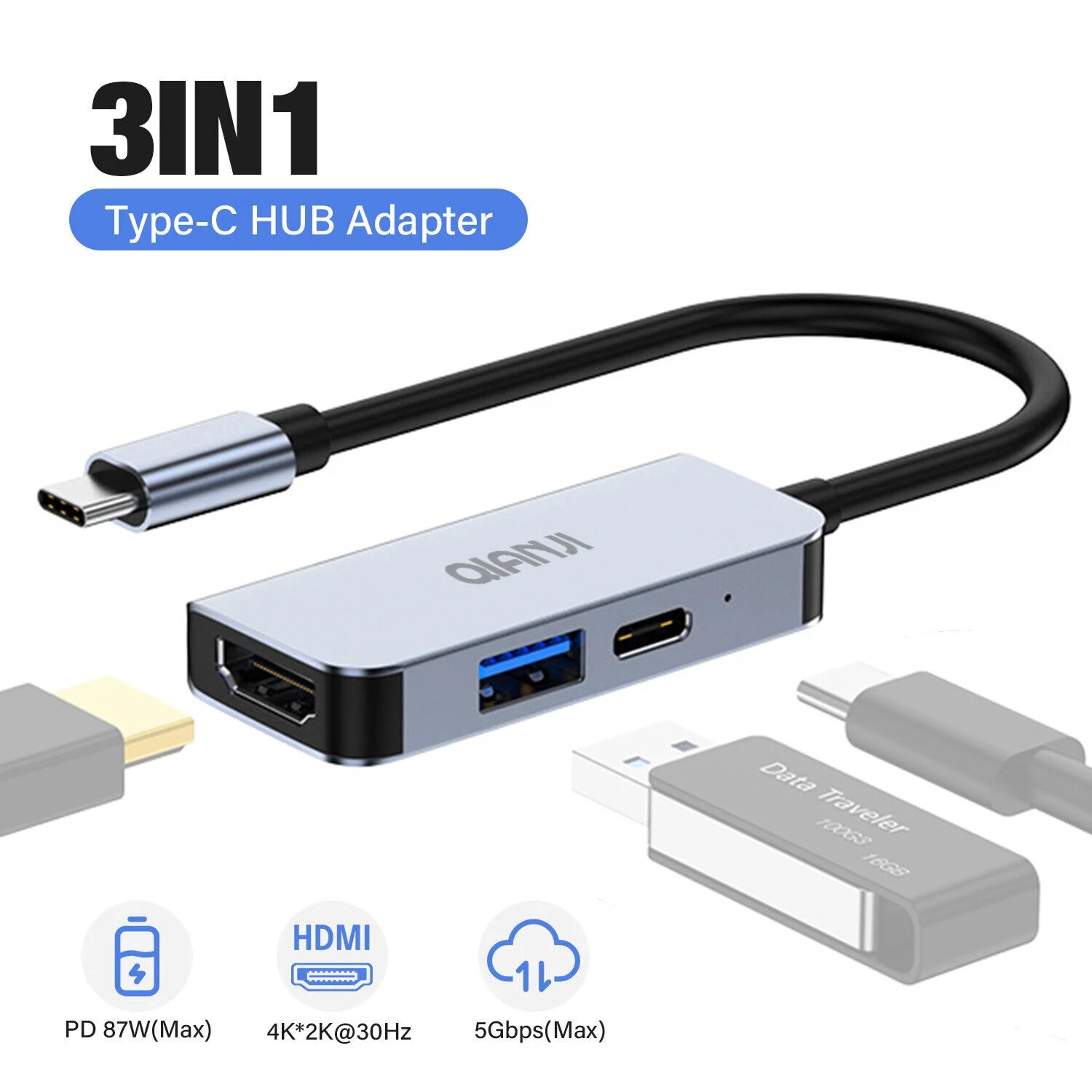 USB C to HDMI Multiport Adapter Type-C Hub Thunderbolt 3 Output USB 3.0 Port Charging Port 100W Galaxy MacBook IPhone15 iPad