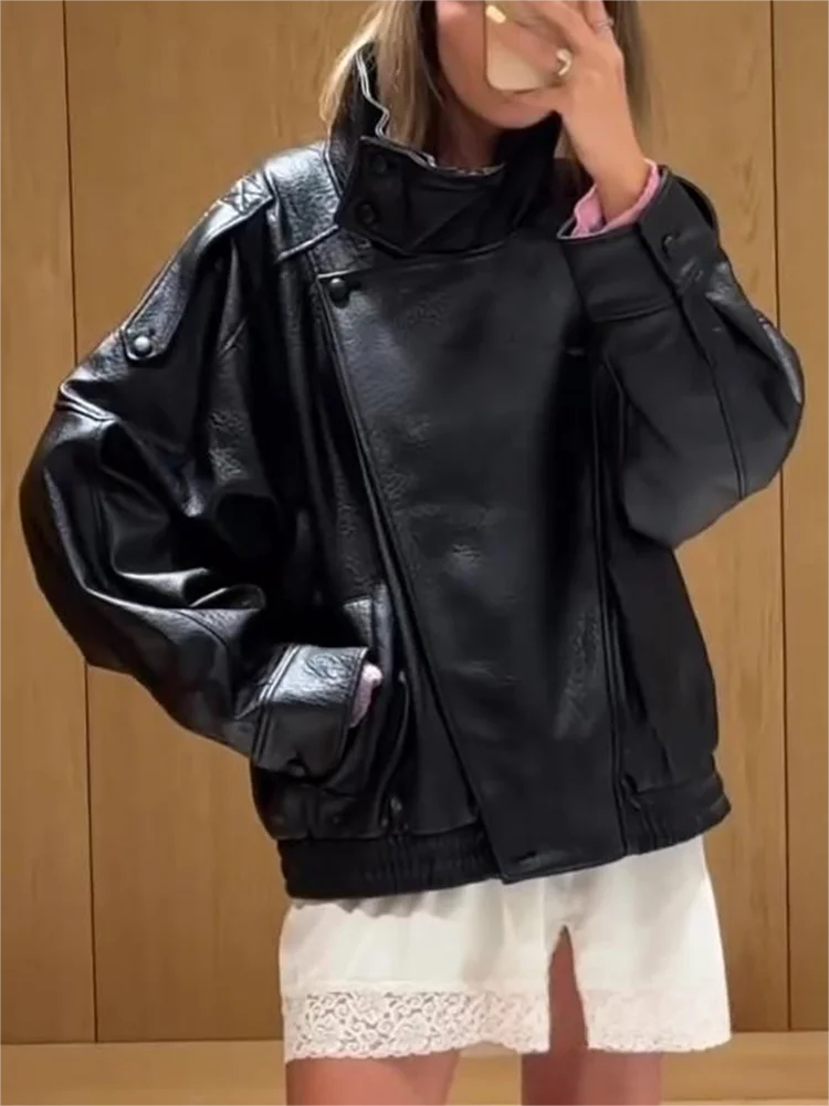 KONDALA Black Leather Jacket – Oversized Spring Coat