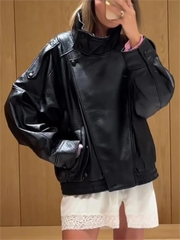 KONDALA Black Leather Jacket – Oversized Spring Women  Streetwear Coat