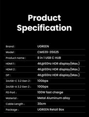 UGREEN Triple Display USB C HUB 10Gbps 4K HDMI Adapter 8-in-1 Splitter with HDMI DP USB3.2 PD 100W Dock for MacBook Pro Air PC