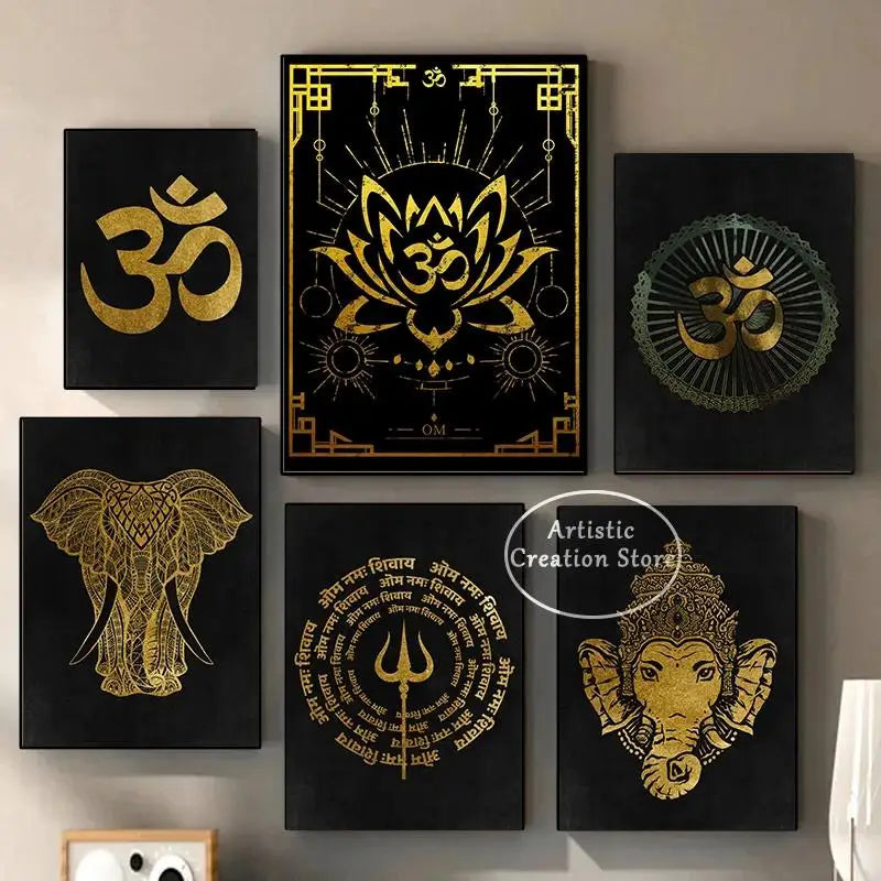 Golden Om Hindu Symbol Ganesha Poster  Indian God Canvas Prints Wall Art for Living Room Bedroom  Minimalist Decor Spiritual Hom