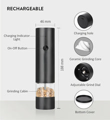 USB Rechargeable Electric Salt and Pepper Grinder Adjustable Coarseness Large Capacity Auto Spices Grinders Kitchen Cooking Tool