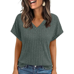 Women’s V-Neck Knit T-Shirt Casual Summer Top