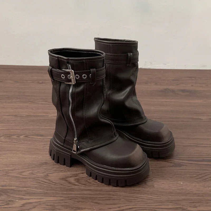Winter Women Biker Boots Fashion Belt Buckle Ladies Elegant Platform Flats Short Booties Casual Women's Knight Booties Shoes
