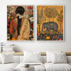 Retro Traditional Indian Woman Lady in The Garden Animals Pattern Poster Canvas Painting Wall Art Pictures Home Interior Decor