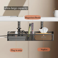 Clamp-on cable tray shown beneath a desktop