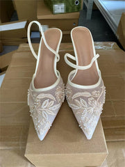 Women's Mesh Floral Embroidered Slingback High Heels Female Open Heel Pearl Studded Pointed Toe Sandals Sexy Stiletto Lady Shoes