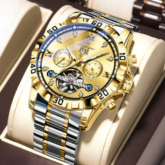 POEDAGAR Top Luxury Men Watch Automatic Date Week Man Wristwatch Hollow Tourbillon Mechanical Stainless Steel Men's Watches Male