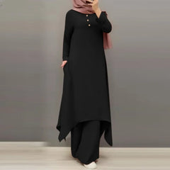 Spring Autumn Hot Sale Of The Season New Muslim Women's Clothing Set Middle East Solid Color round Neck Button Long Sleeve Wide