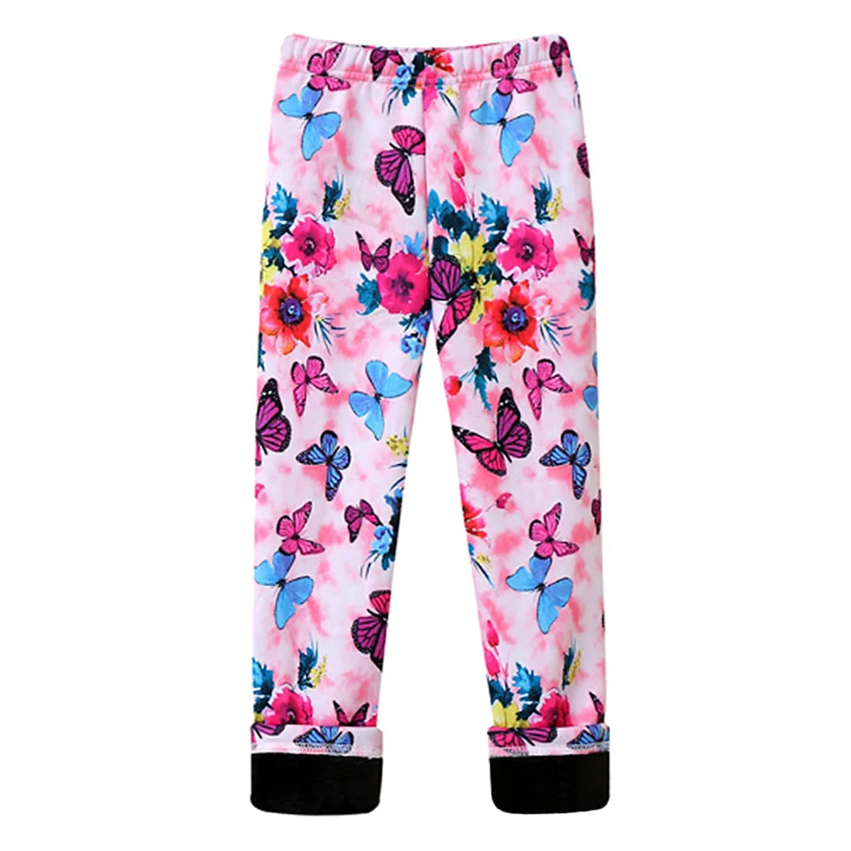 Girls Warm Plush Long Pants for Autumn Spring Cartoon Butterfly Striped Soft Cozy Leggings Fleece-Lined Bottoms Kids Casual Wear