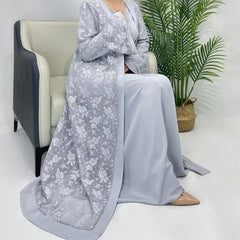 Women Muslim Arab Islamic Ramadan Two-piece Set  Belt Embroidery  Dress Kaftan Long Sleeves Open Stitch Cardigan