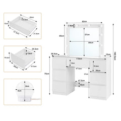 Vanity Dressing Table with LED Lighting Adjustable Brightness Cosmetic Table Large Mirror 7 Drawers for Girls Women Bedroom Furniture