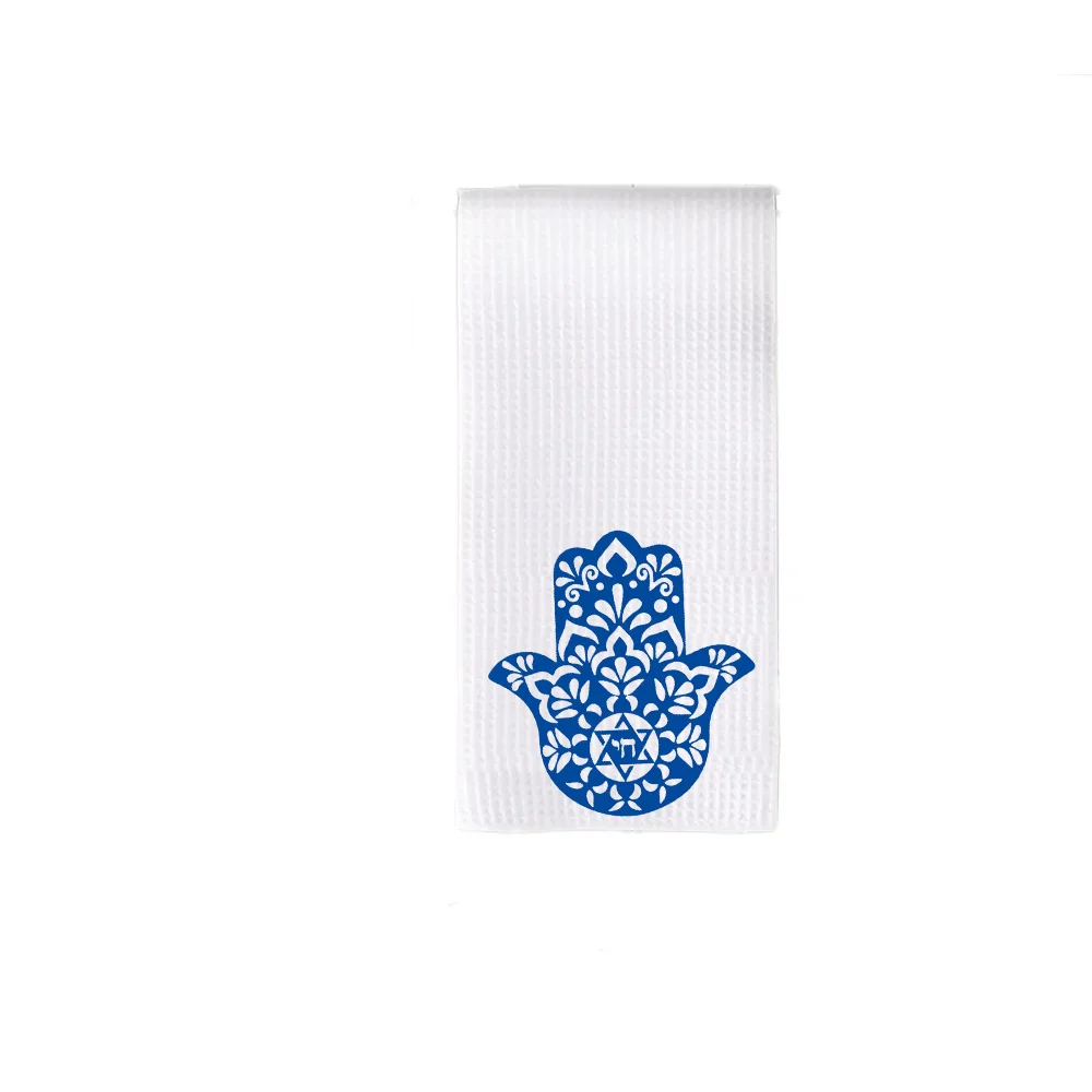 Blue Hamsa Chai Waffle Tea Towel Jewish Kitchen Decor Housewarming Gift Passover Hanukkah Jewish Shabbat Shalom Kitchen Towels